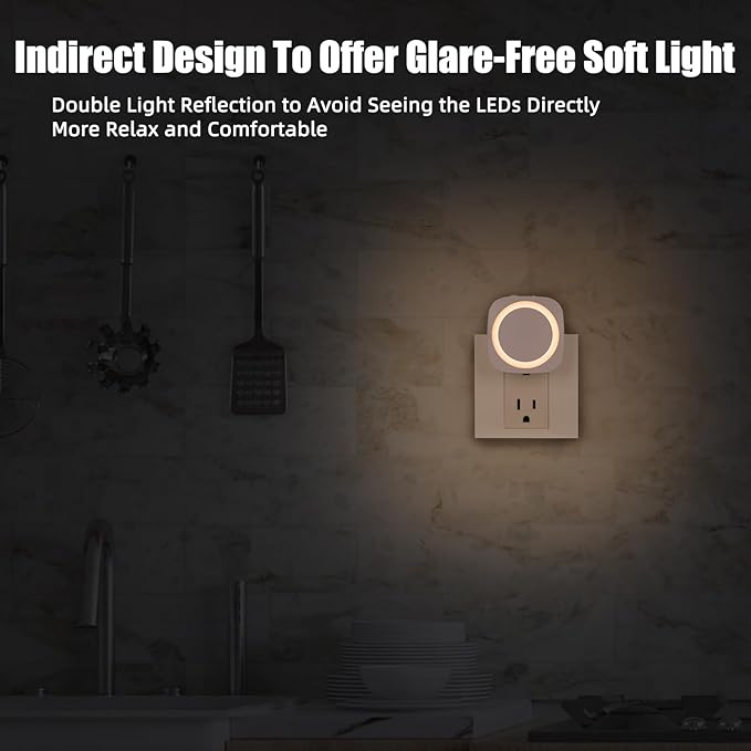 LED Night Lights Plug into Wall, Indirect Soft Dimmable Night Light with Dust to Dawn Sensor, Warm Nightlight for Bedroom,Bathroom,Kitchen,Stairs,Hallway,Travel, 4 Packs, Warm White
