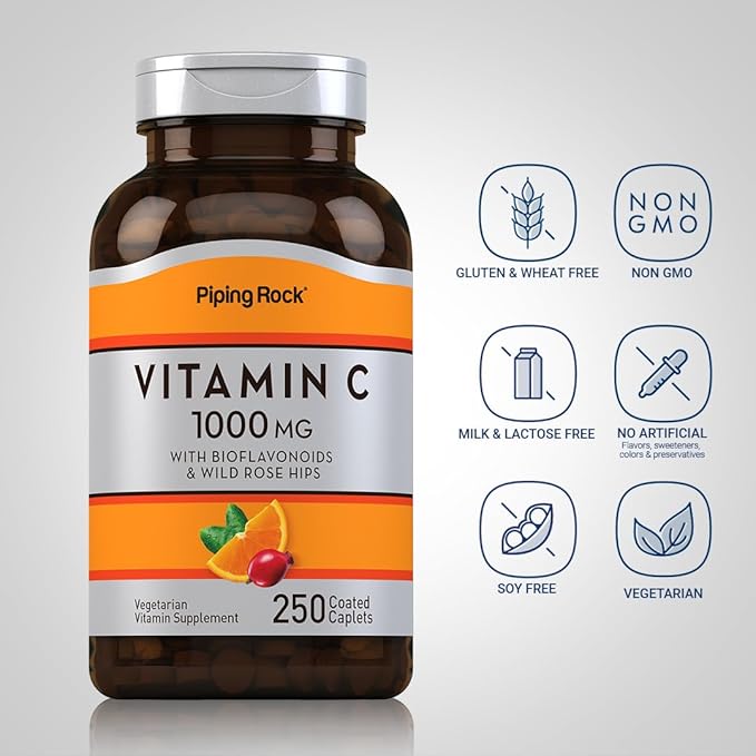 Piping Rock Vitamin C 1000mg | 250 Caplets | with Bioflavonoids & Rose HIPS | Vegetarian, Non-GMO, Gluten Free Supplement
