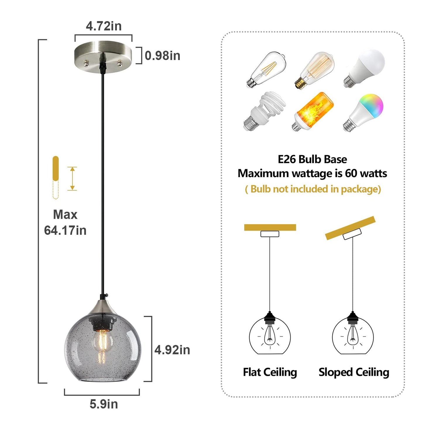 Lbsqj Light Grey Glass Pendant Lights Kitchen Island Globe Pendant Light Fixtures Modern Pendant Lighting For Bedroom Living Dining Room Light Fixture (5.9 In  2 Pack)