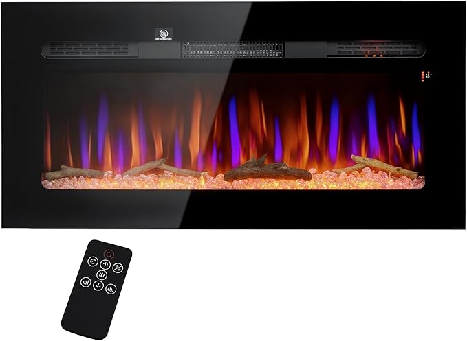 HOMCOM 36" Electric Fireplace Recessed and Wall Mounted with Remote Control, 1500W Fireplace Heater with 8H Timer, Adjustable Flame Color and Brightness, Log and Crystal