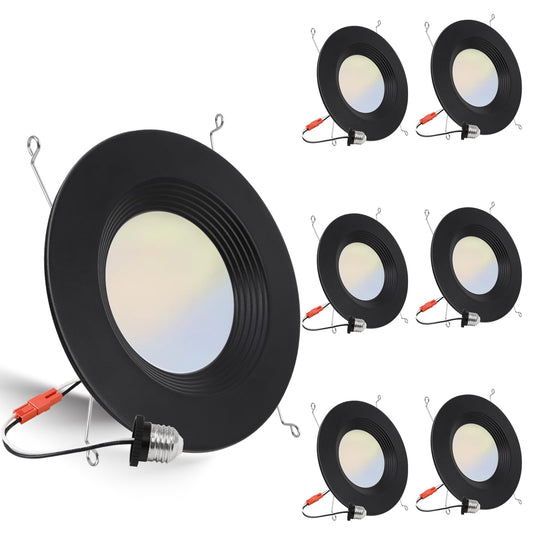 6 Pack 5/6 Inch 5Cct Black Led Recessed Lighting Retrofit  2700K/3000K/4000K/5000K/6500K Selectable  Dimmable Can Lights With Baffle Trim  12W=150W  High Brightness 1000Lm  Wet Rated  Etl Certified