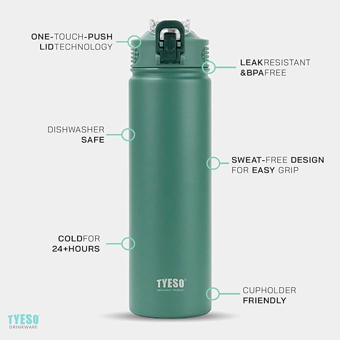 TYESO Water Bottle with Carrying Handle Lid | Insulated Stainless Steel Thermos | Travel Water Bottles for Gym & Sports | Leak Proof & BPA Free | All Day Collection | 25oz (Mint)