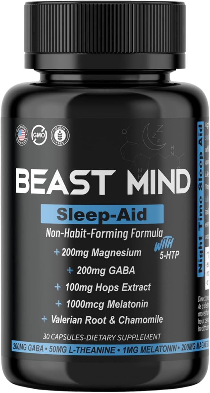 Non-Habit Forming Sleep Aid: Wake Up Refreshed - Powerful Formula with Melatonin, GABA, Valerian Root, Chamomile, Magnesium for Restful & Deep Sleep - 30 Capsules