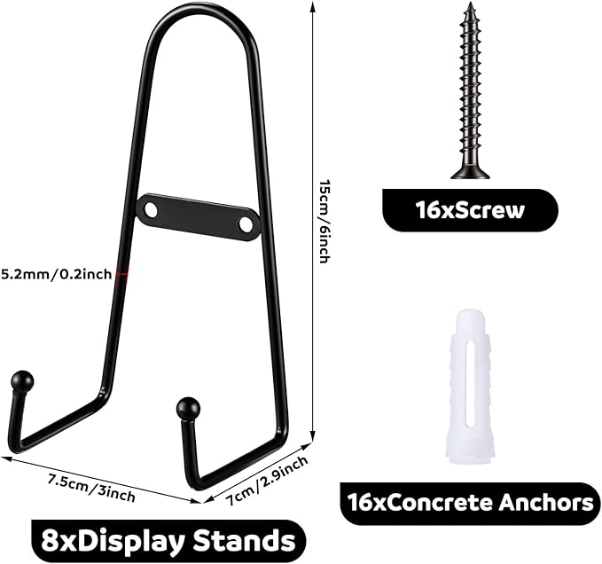 Kathfly 8 Pcs 6 Inch Metal Wall Mount Plate Display Stands Medium Black Easel Plate Hangers Vertical Stand Holders Picture Frame Stand Rack for Decorative Book Platter Arts