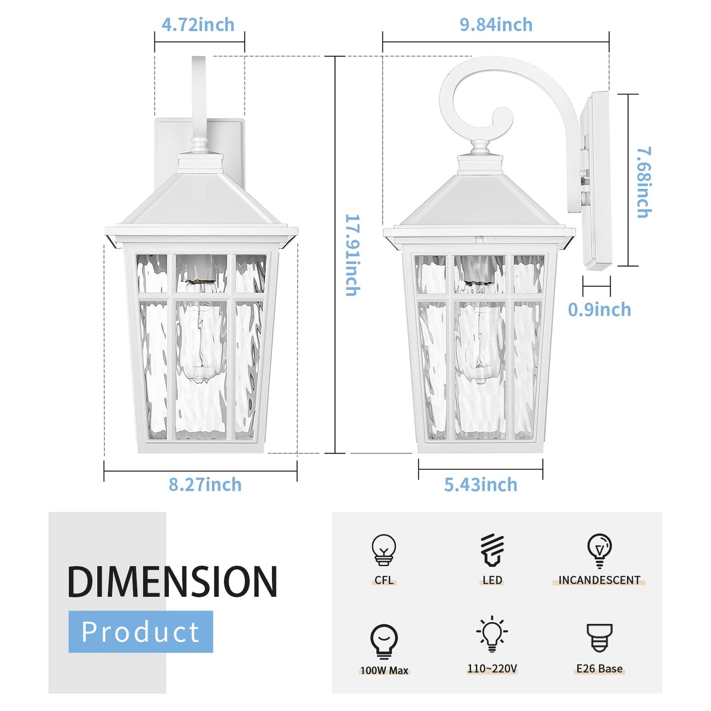 Darkaway 2Pcs Large Outdoor Wall Lights For House  18Inch Exterior Lighting Fixtures Wall Mount White Outside Wall Sconce With Water Ripple Glass For Porch Patio Front Door