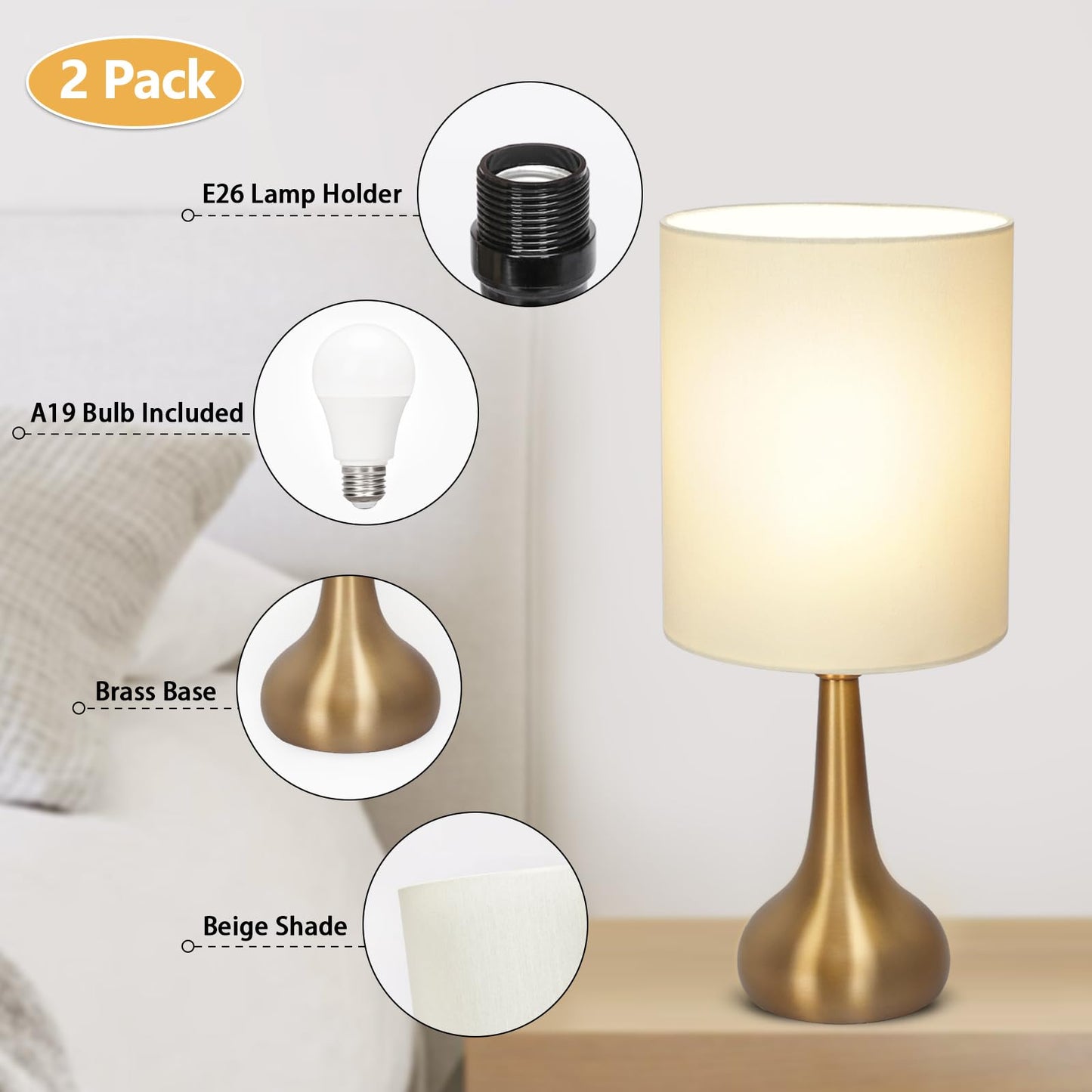 Boncoo Set of 2 Touch Table Lamps, 3-Way Dimmable, Brass Metal Base, A19 3000K LED Bulb Included, Nightstand Lamp for Bedroom and Office