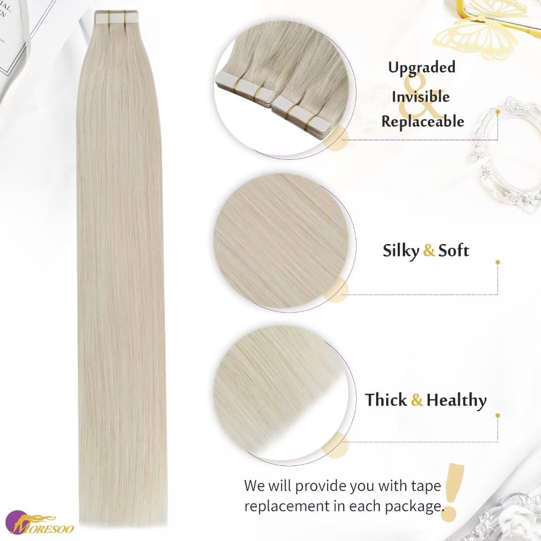 Moresoo Tape in Hair Extensions Human Hair,16 Inch 10 Pcs 25 Grams,#60 Platinum Blonde, Fashion Seamless Tape in Human Hair Exte
