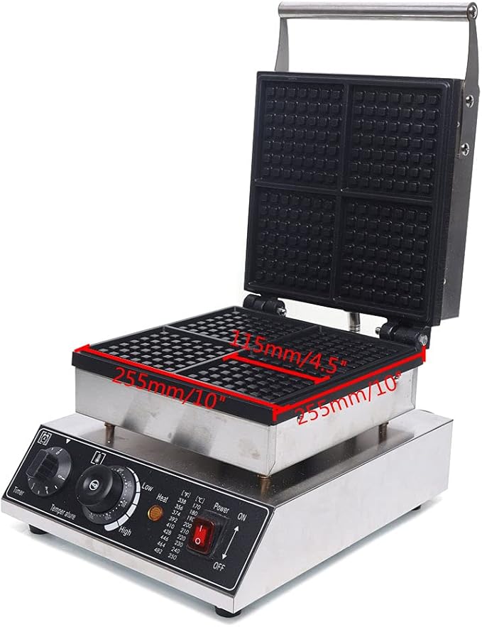 110V Commercial Waffle Maker 4Pcs Nonstick 1750W Electric Waffle Machine Stainless Steel Waffle Maker Suitable for Bakeries Snack Bar Family