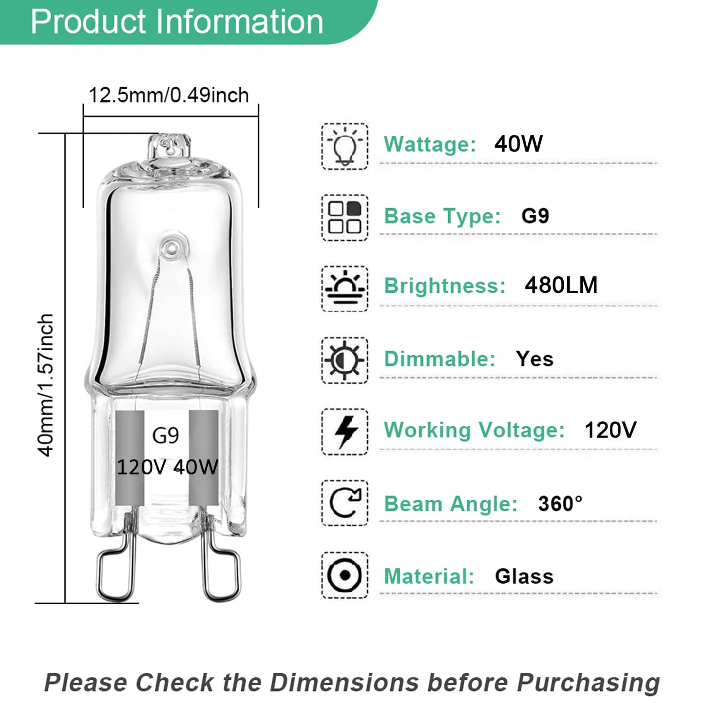 Taiyaloo G9 Halogen Light Bulbs, 20 Pack, 40W, 120V, Warm White 2700K, Dimmable, Glass, Bi-Pin