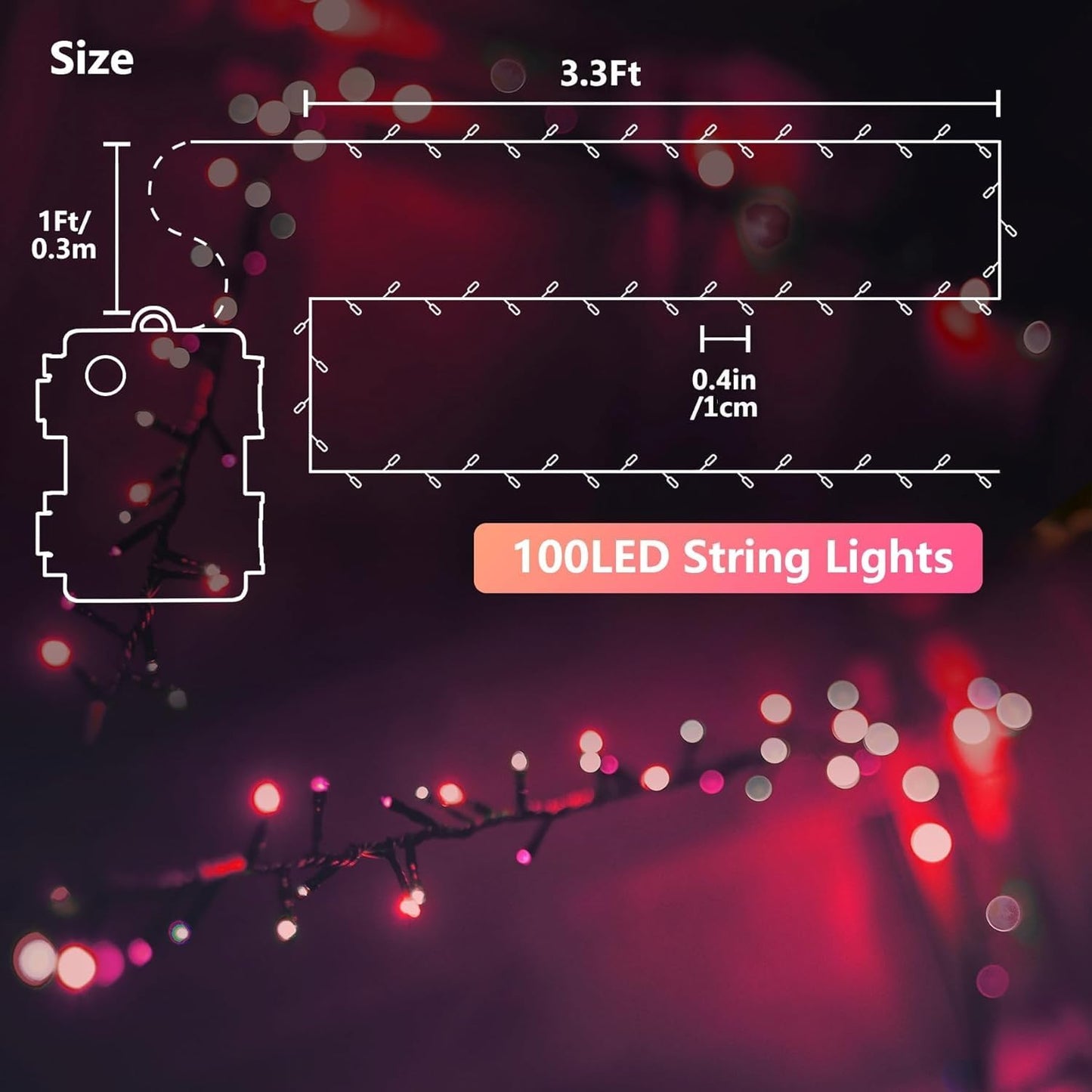 L Lampop Twinkle Lights - 100 Led Battery Operated String Lights, 8 Modes, Waterproof, Pink & White, Ideal For Home, Garden, And Holidays