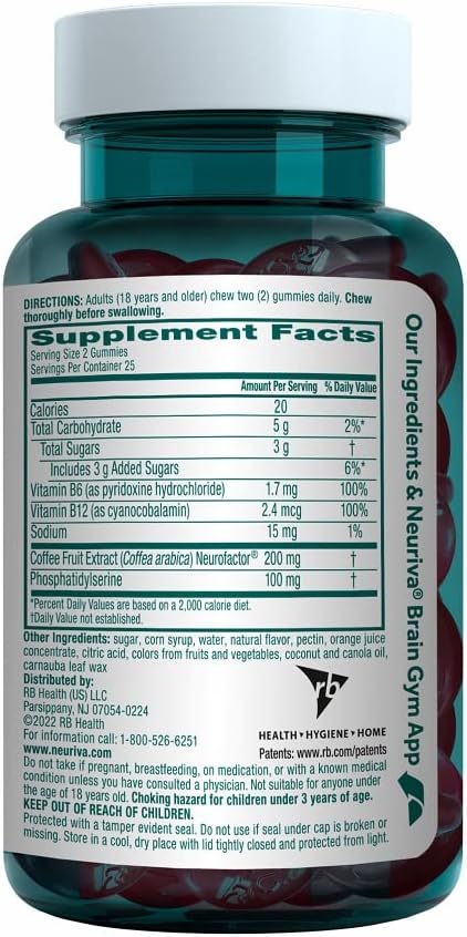 NEURIVA Plus Brain Supplement for Memory, Focus & Concentration + Cognitive Function with Nootropics Phosphatidylserine and Neurofactor, VIT B6 & B12, Strawberry Flavor, 50 Gummies (2 Pack)
