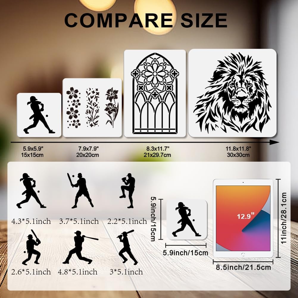 MAYJOYDIY 10 Pcs Baseball Stencil Reusable Ball Sports Stencils for Painting 5.9x5.9 Inches Player Action Drawing Templates with Paint Brush for Shirt Wood Wall Cards Home Gift Decoration