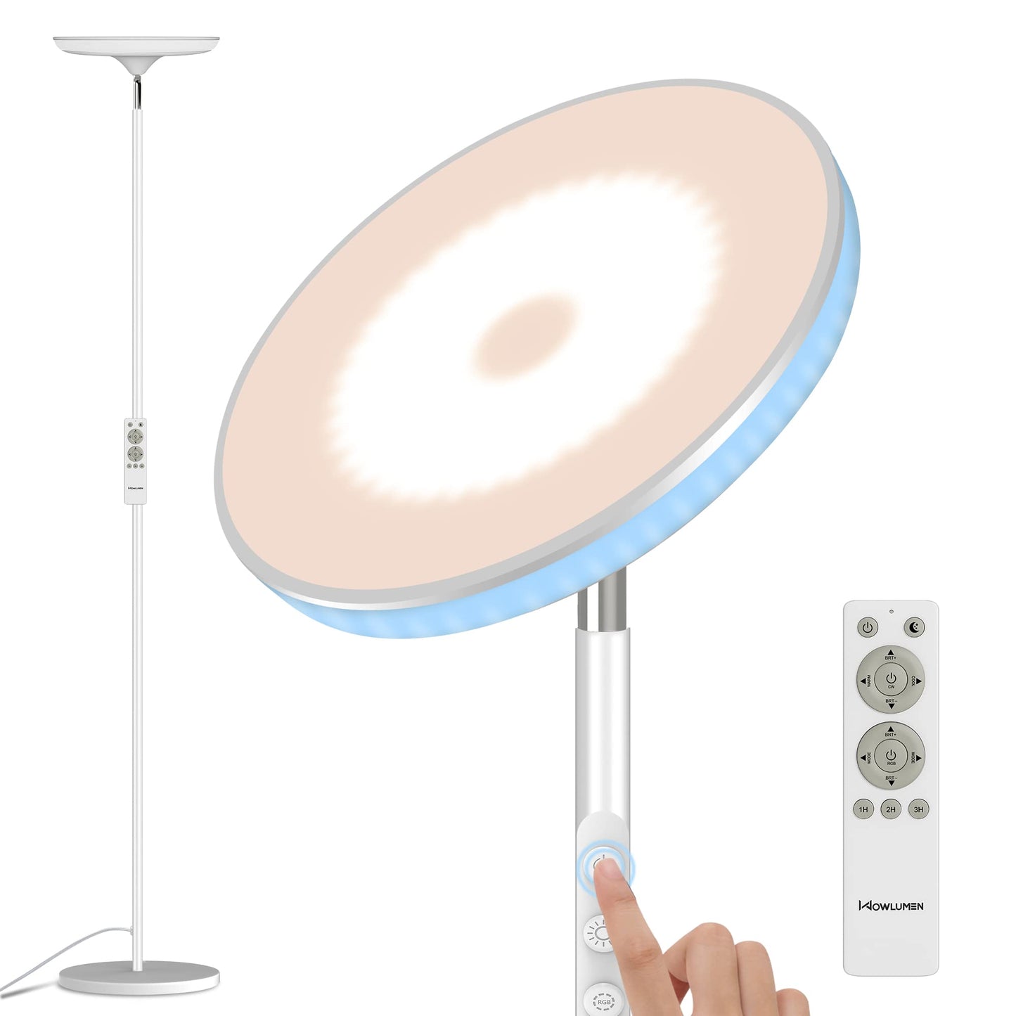 WOWLUMEN Modern Floor Lamp, 42W 3700LM LED Torchiere, 5 Color Temperatures, Touch Control, White