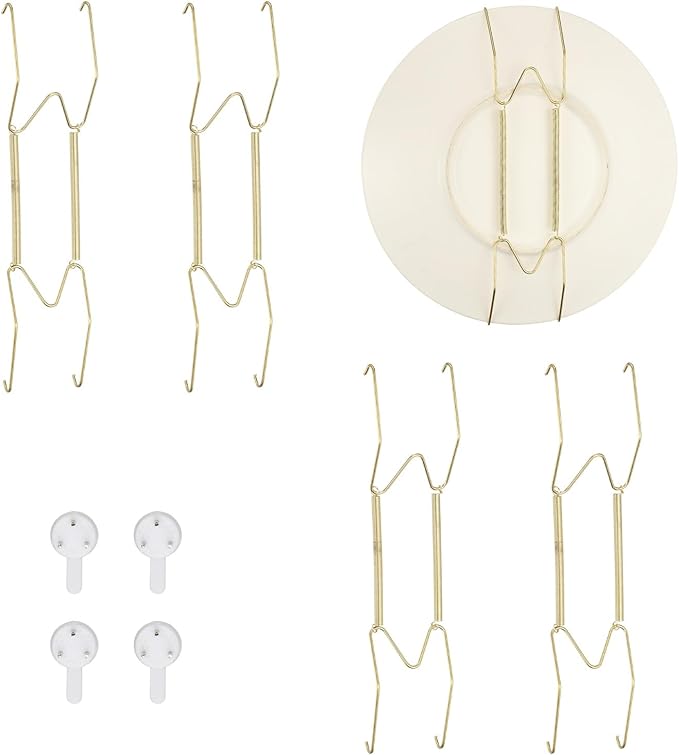 uxcell 4pcs Plate Hanger, 10 Inches Universal Stainless Steel Invisible Plate Hangers for The Wall W-Shaped Holder with Traceless Nail for Decorations, Golden