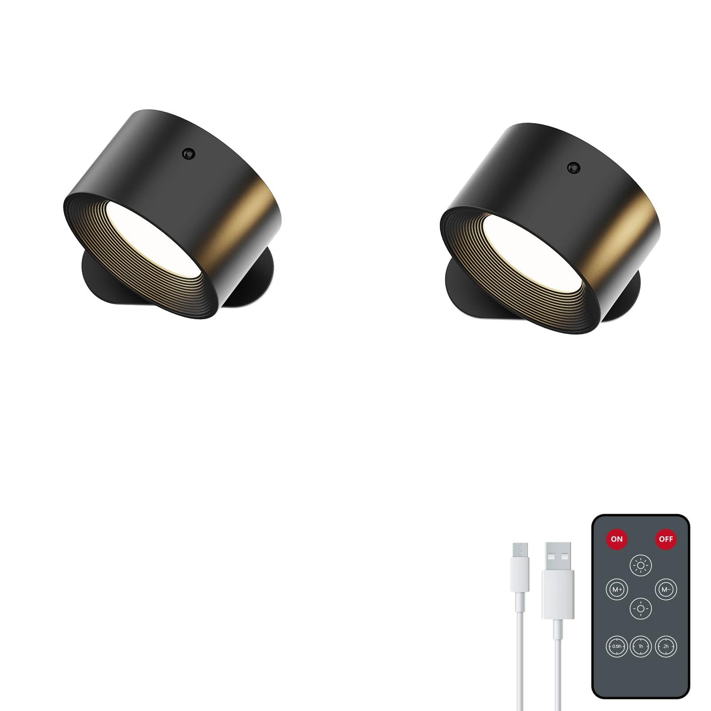 Deyagoo Remote LED Wall Sconce, Rechargeable, 3 Colors & Brightness Levels, 360? Rotating Head, Black, Pack of 2, Model DS126L