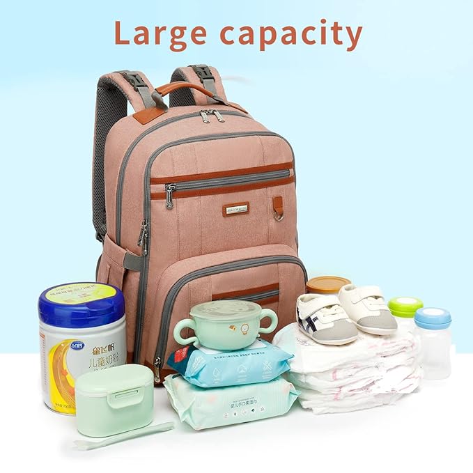 Diaper Bag Backpack, Large Baby Nappy Bags with Portable Changing Pad for Boys and GirlsMultifunction Travel Baby Bag for Moms Dads, Shower Gifts Waterproof and Stylish，Deep Powder