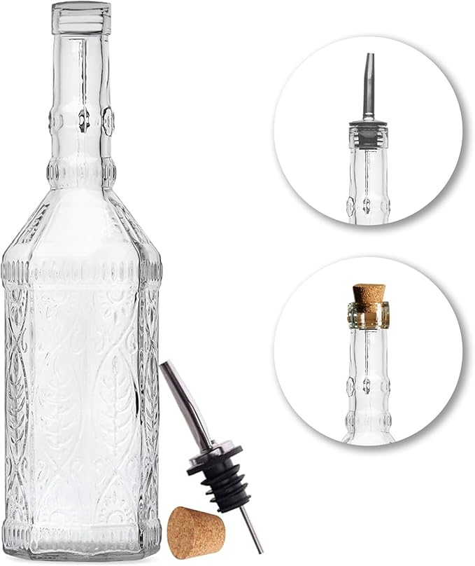 Large Clear Decorative Glass Bottle with Spout and Cork, 32oz, 1 Bottle - Design: VINO (3in X 11.9in)