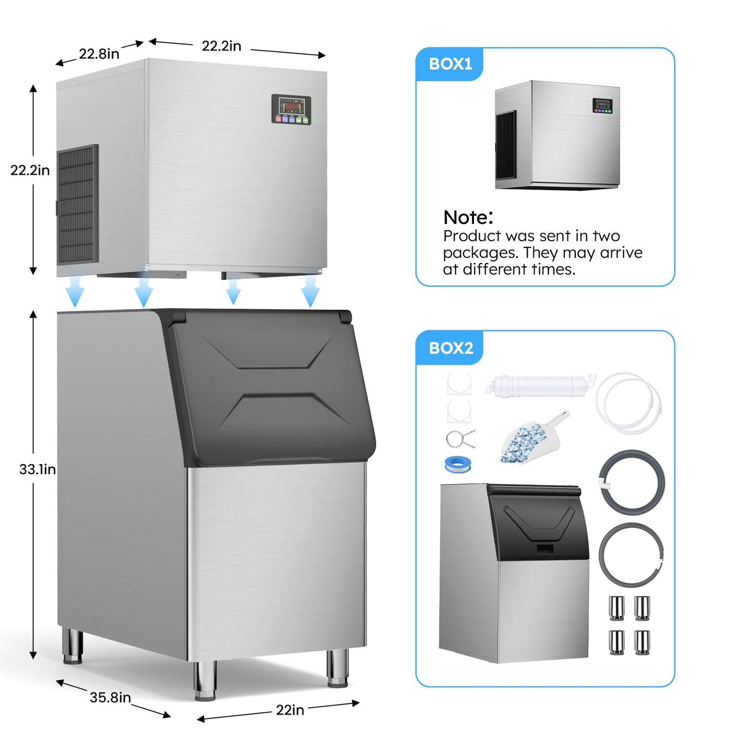 Commercial Ice Machine 680LBS/24H,Storage 560LBS,Large Industrial Ice Maker,Ice Ready in 5-15min,with Self-Cleaning Mode,with Timing Function,30 Levels of Ice Thickness Adjustment,Stainless Steel