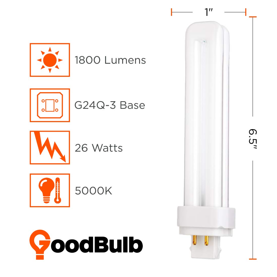 Goodbulb 26 Watt Cfl Light Bulbs | 4 Pin G24Q-3 Base 5000K Daylight | 26W High Output 1800 Lumens | Double Tube Compact Fluorescent Light Bulbs Plug-In | Car Dealership Lighting | 10 Pack