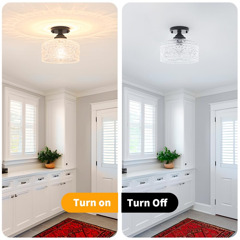 Small Semi Flush Mount Ceiling Light Fixture  Vintage Matte Black Close To Ceiling Lighting With Etched Glass Shade For Hallway  Kitchen  Entryway (Retro Design  Easy Install)