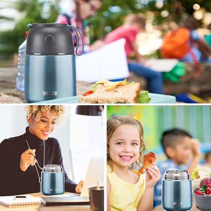 Itslife Insulated Thermo Food Jar for Hot & Cold Food for Kids Adult, 17 oz Soup Thermal Hot Food Containers for Lunch, Triple Layer Insulation Stainless Steel Food Jar with Spoon (Lightblue)