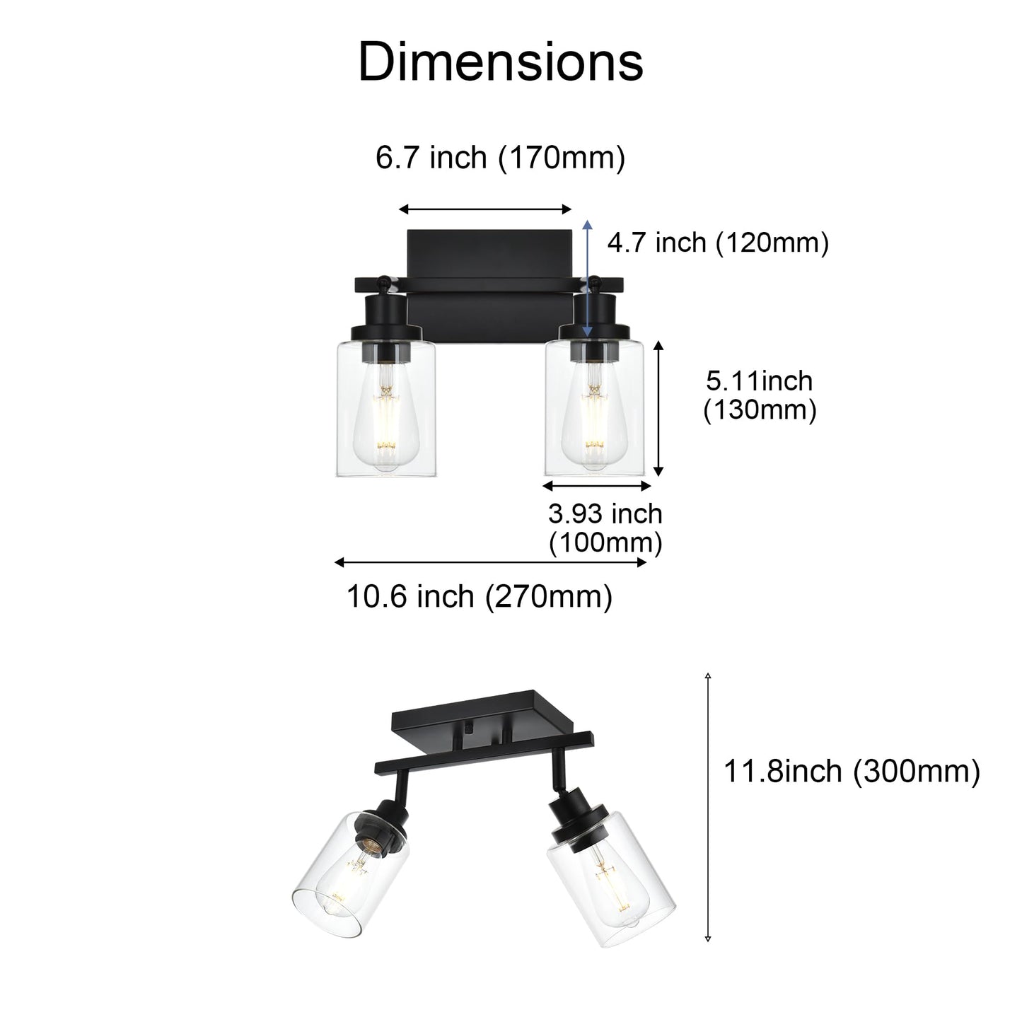 Wanluce 2-Light Track Lighting Kit Black Track Lighting Fixtures Bathroom Wall Sconces Ceiling Mount Kitchen Tracking Lights  Rotatable Spotlight With Clear Glass Shade For Kitchen Shop Hallway