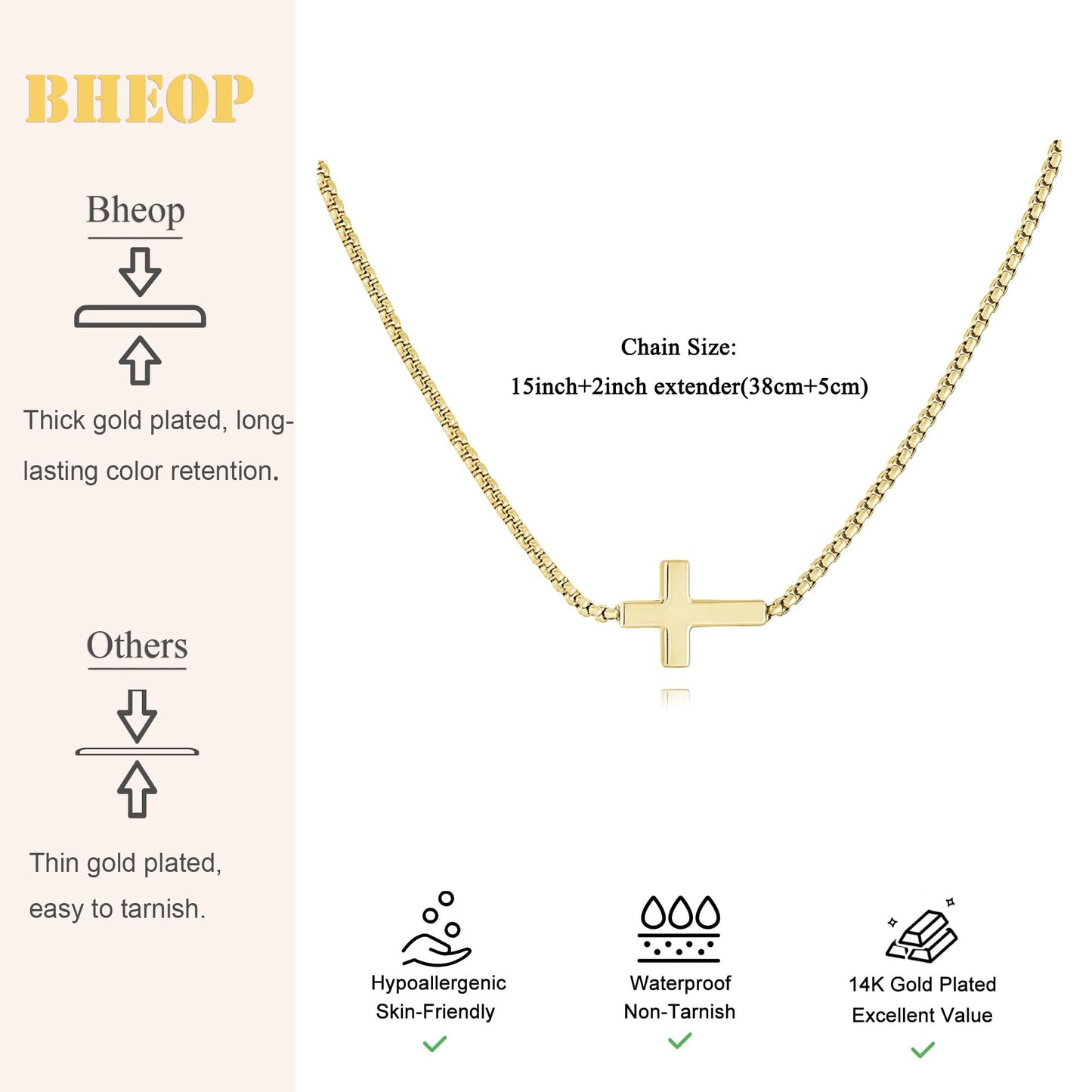 Bheop Cross Necklace for Women Trendy 14K Real Gold Plated Dainty Small Sideways Cross Pendant Choker Simple Cute Charm Short Fa