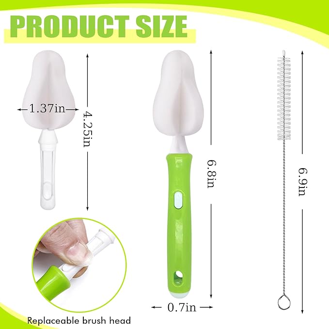 INVODA 12 Piece Sponge Nipple Bottle Brushes, Baby Bottle Brush with 4 Nipple Cleaner, 4 Replacement Heads and 4 Straw Brushes (White)