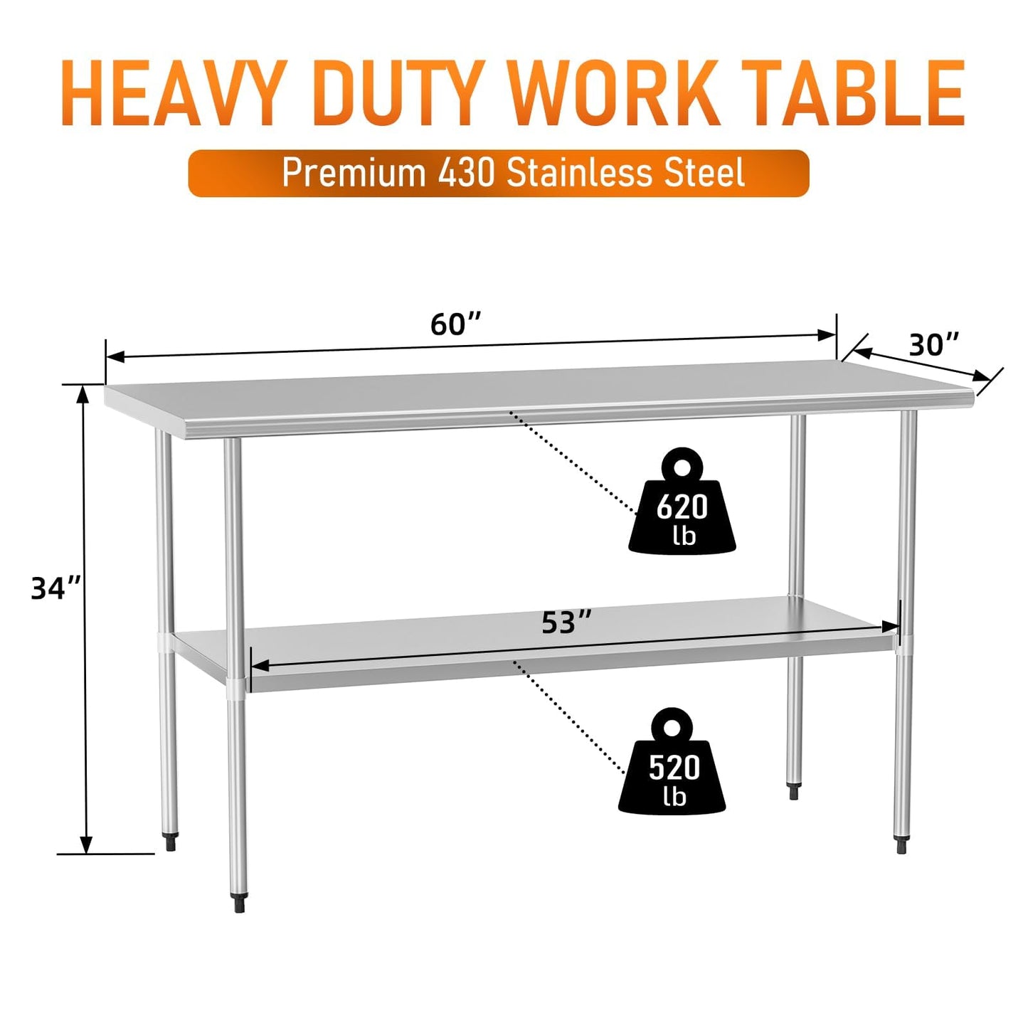 HOCCOT Stainless Steel Table for Food Prep & Work 30 x 60 inches Utility Table with Adjustable Undershelf, Commercial Workstation in Kitchen, Garage, Outdoor BBQ