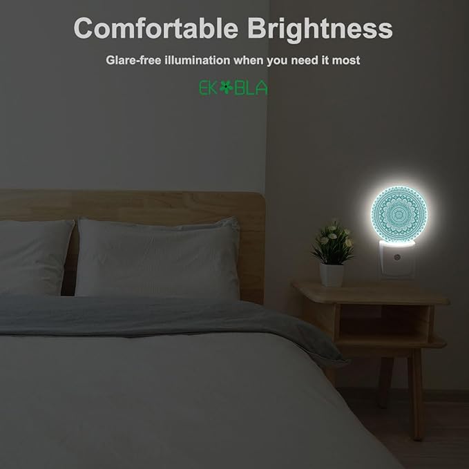 EKOBLA Mandala Night Lights Plug into Wall Teal Green Floral Mandala Flowers Night Light Dusk to Dawn Sensor Led Lamp for Boys Girls Grandma Grandpa
