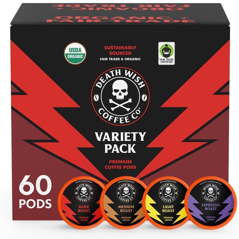 Death Wish Coffee  Single Serve Coffee - Mixed Roast Variety Pack (60 Count)