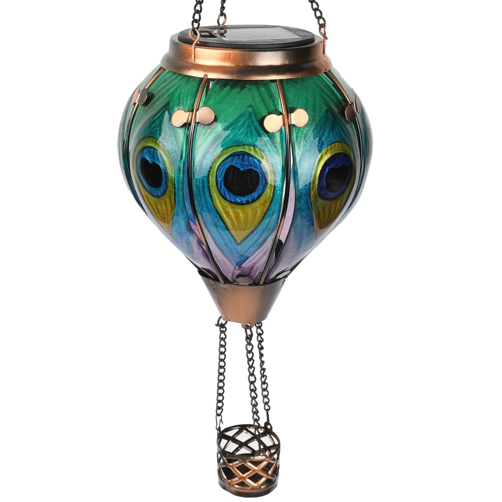 teyigarden Hot Air Balloon Solar Lantern, Glass, 18in H ? 5.5in W, Peacock Feather-Green, Model SL-6069082030