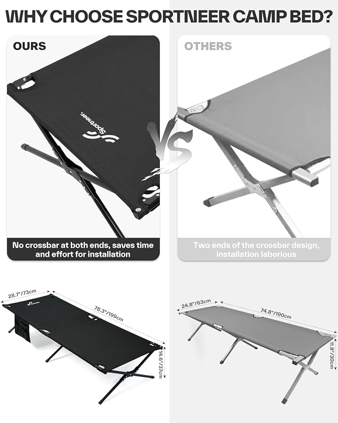 Sportneer Camping Cot: 78.3"x28.7"x14.6" Comfort Cot Bed for Camping Traveling Guest Bed, Sleeping Cots for Adults with Side Pockets & Storage Bag - Ease of Assembly, Support 330 Lbs