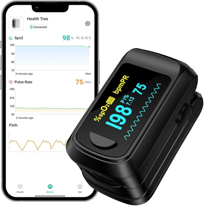 Pulse Oximeter Blood Oxygen Monitor Fingertip HealthTree Bluetooth Pulse Ox with Free APP, O2 Pulse Oximeter Finger and He...