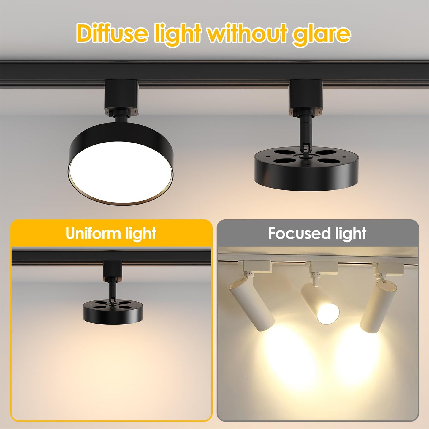 Tuyubee Diffuse Led Track Lighting Heads H Type Track Light Heads Dimmable Kitchen Track Lighting Fixtures Ceiling  Compatible With H Track Rails - Flicker Free Cri90+ 3000K 12W 1000Lm  3 Pack Black
