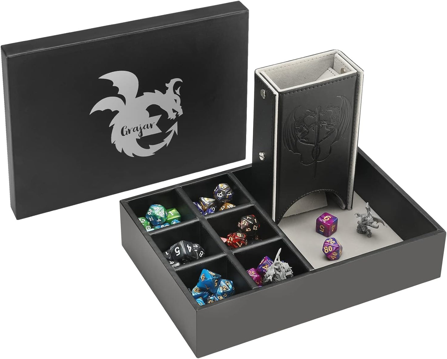 3 in 1 Dice Tray with Lid and Storage Tower, Portable Dice Box Holder for D&D RPG MTG Table Games - Gray
