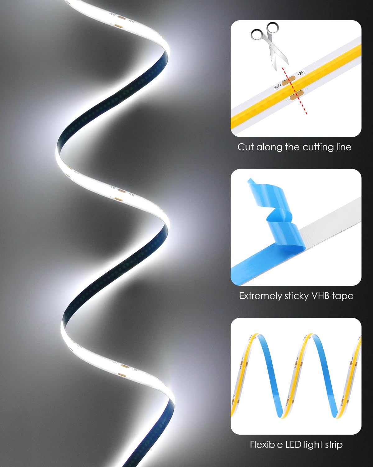 Aclorol 50FT COB LED Strip Lights 24V Cold White 6000K Dimmable LED Light for Bedroom with Remote and App Control 8mm Width LED Flexible Tape Lights for Cabinet Room Kitchen Mirror TV Bookshelves