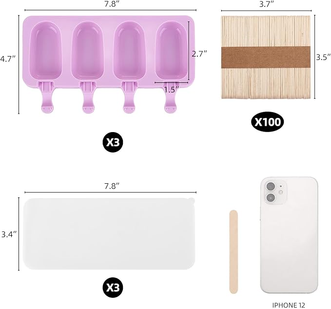 3 Set Violet Samll Popsicles Molds with Lids and 100 Pieces Wooden Popsicles Sticks, 4 Cavities Silicone Ice Cream Molds for Making Cakesicles, Cake Pops, Ice Cream - BPA Free