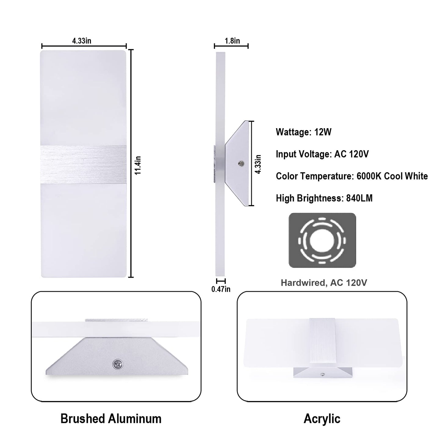 Trlife Modern Wall Sconces Set Of 2, Dimmable 12W 6000K Cool White Hardwired Lighting, Silver Brushed Aluminum For Bedroom & Living Room