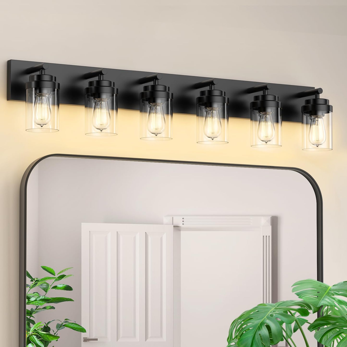 Izorro Bathroom Vanity Light Fixture  6-Light 43 Inch Matte Black Bathroom Light Fixtures Over Mirror  With Clear Glass Shade  Modern Farmhouse Vanity Lights  Rustic Restroom Lighting Fixtures