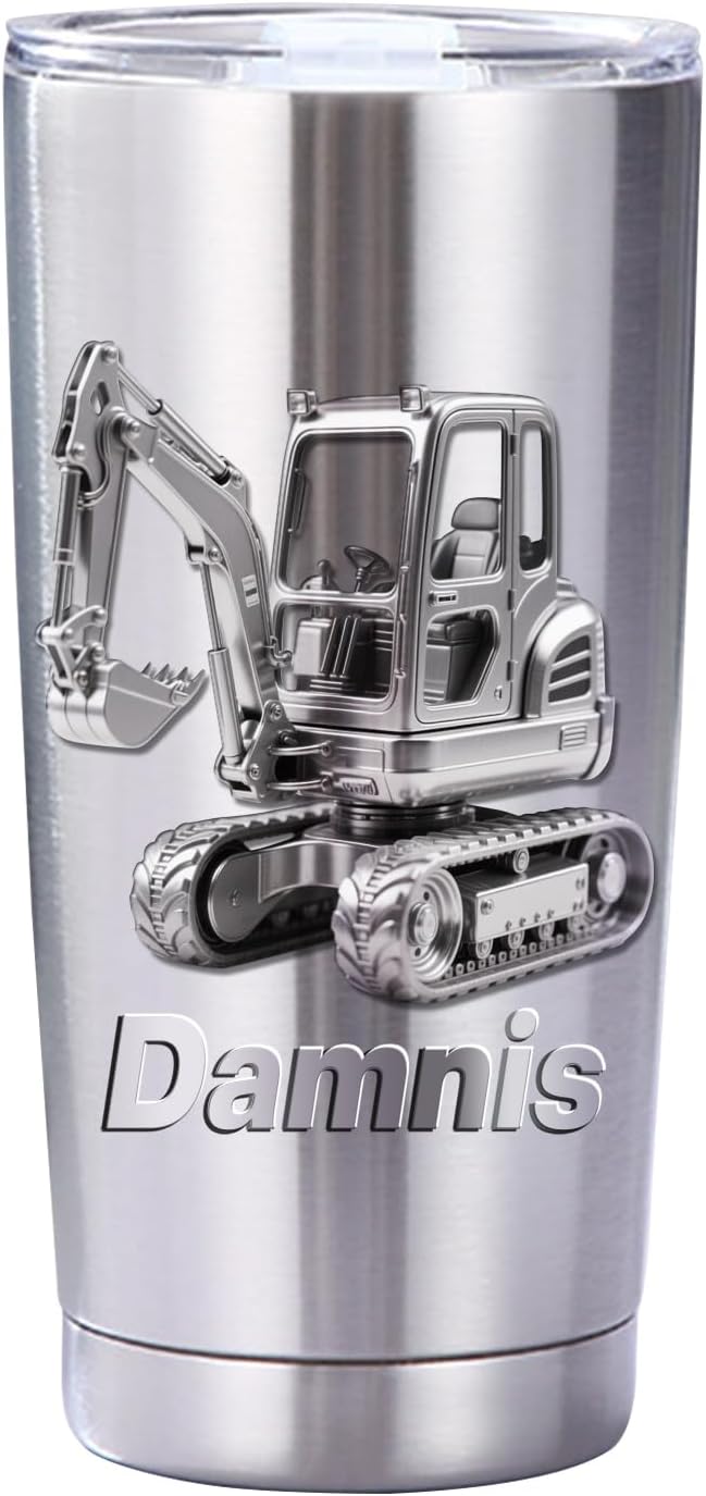 Personalized 3D Excavator Stainless Steel Silver Tumbler Mug for Kids Boys, Custom Name Excavator Tumbler Mug for Construction Lover, Kids Boy Birthsday Gift