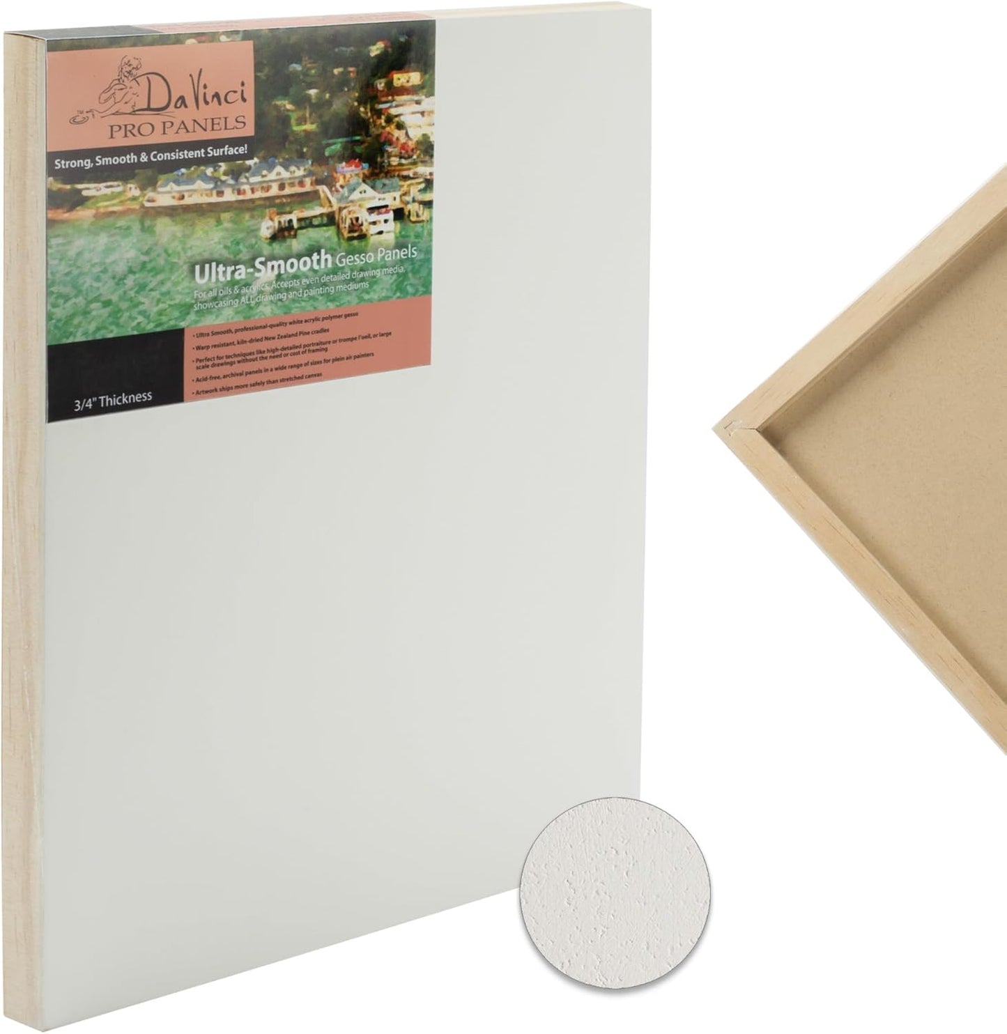 Da Vinci Pro Ultra Smooth Wood Canvas Gesso Board - 3/4" Deep, 14x18 Single White Acrylic Polymer Gesso Panels for Painting Fine Portraits and Ultra Fine Detail Illustrations and Artwork