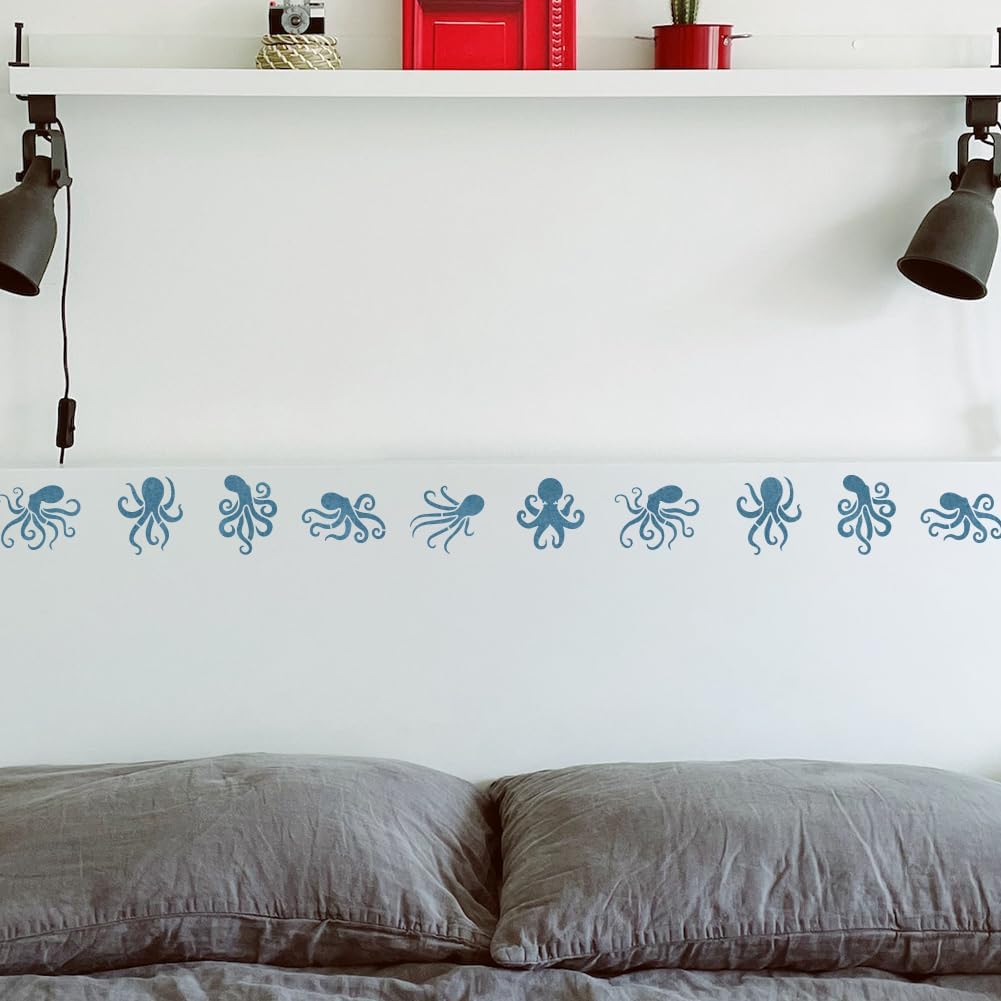 FINGERINSPIRE Octopuses Stencil with 1Pc Plastic Paint Brush 8.3x11.7inch Reusable Octopus Pattern Animal Theme Template for Painting on Wall Wood Fabric Canvas Furniture DIY Home Decoration