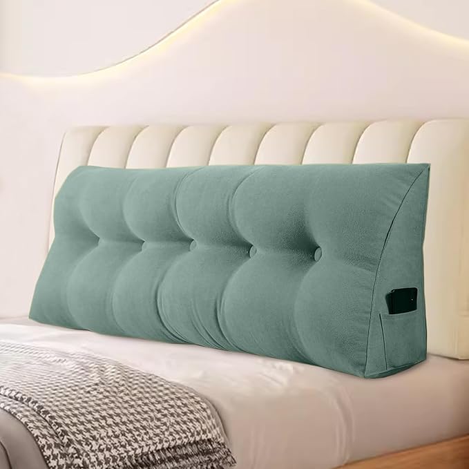 Large Triangular Headboard Pillows Long Backrest Positioning Support Bolster Cushion for Daybed Fluffy Quality Plush Body Wedge Pillow with Removable Cover(Light green-Full-54x8x20in)