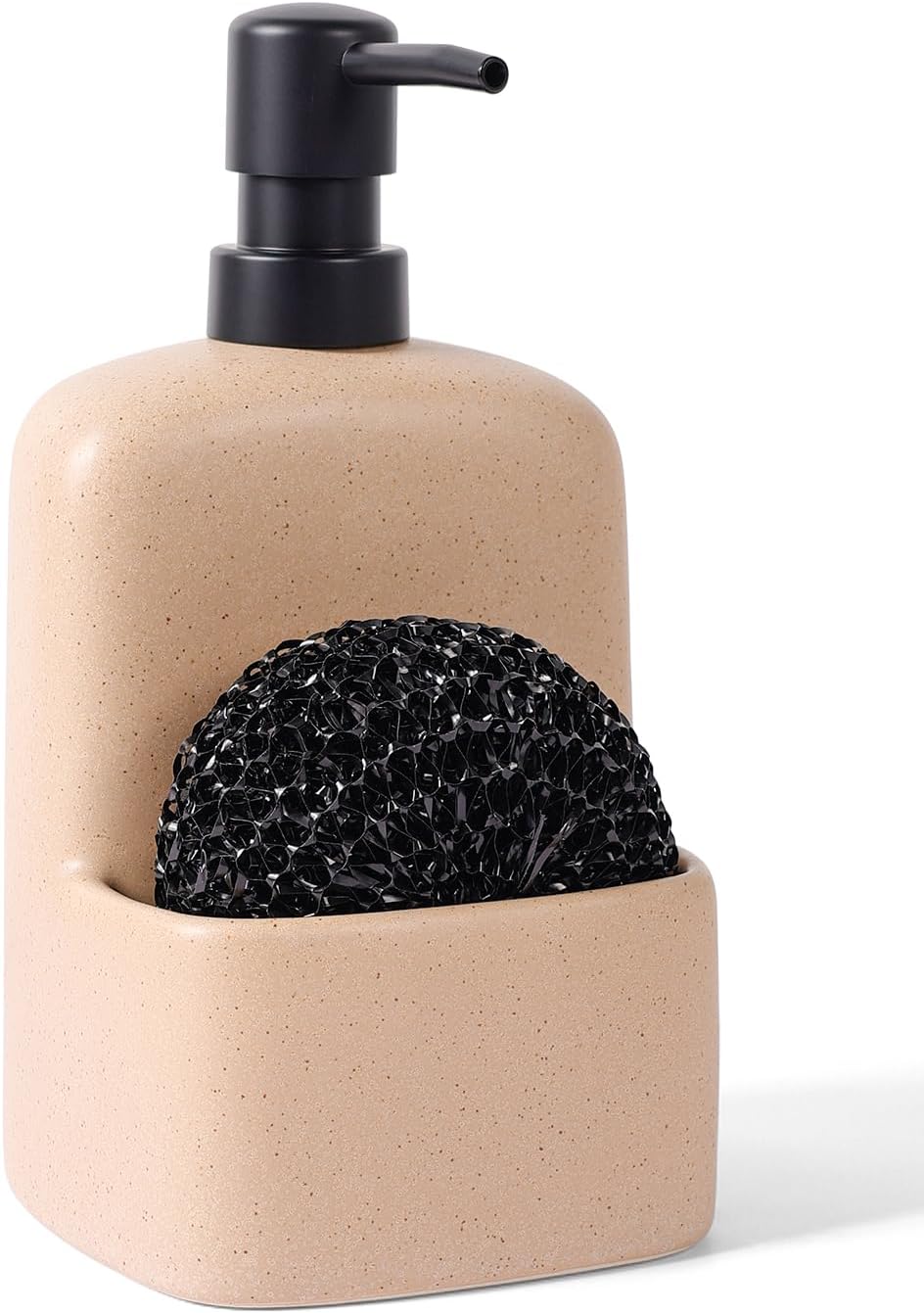 BosilunLife Dish Soap Dispenser - Linen Beige Ceramic Kitchen Soap Dispenser with Sponge Holder Matte Ceramic Soap Daddy Dispenser 20oz for Kitchen Soap Pump and Sponges Caddy