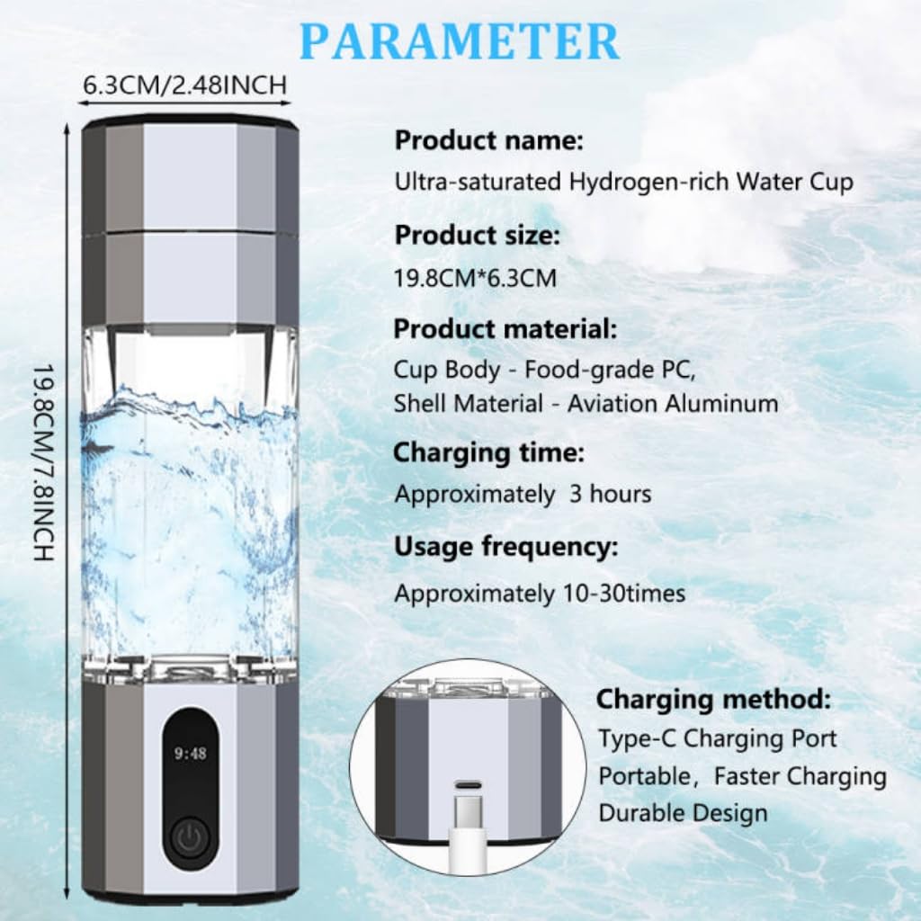 Hydrogen Water Bottle Generator - 10,000PPB/10ppm Portable Hydrogen Plastic 210ML Water Bottle Adaptor Advanced SPE/PEM Technology & 7 led Colors