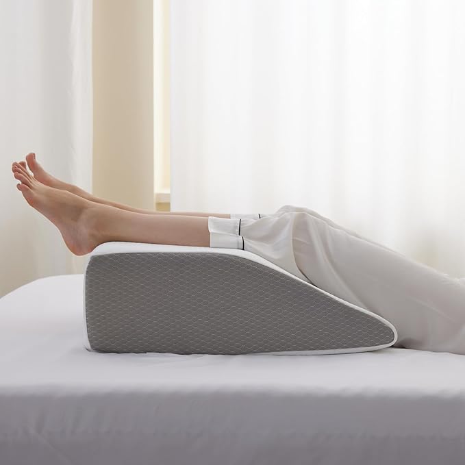 Leg Elevation Pillows, Leg Pillows for Sleeping, Cooling Gel Memory Foam Top, Wedge Pillow for Legs, Leg Wedges for Circulation, Swelling, After Surgery - Removable Cover (8 Inch, White/Grey)
