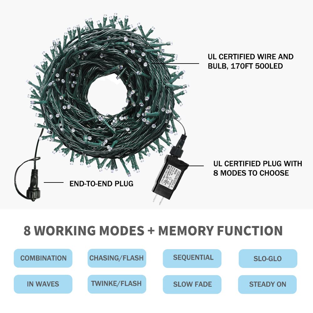 Vtechology Christmas String Lights Outdoor Indoor Christmas Tree Lights Ul Certified Memory Function With End-To End Plug (500Led  Warm White)