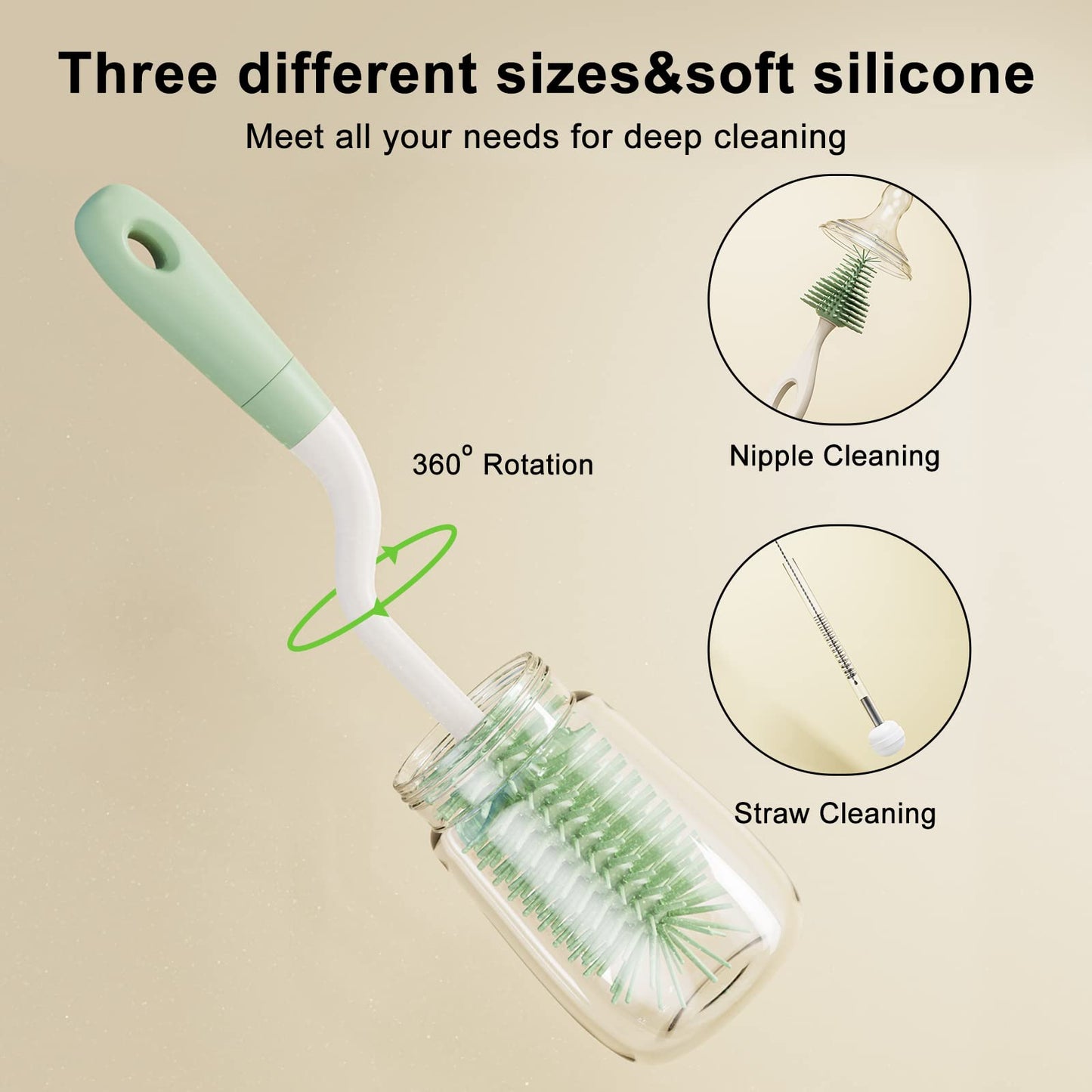 ePiiChua Silicone Bottle Brush Set with Stand, 360° Rotating Bottle Cleaning Brush Cleaner Set, Long Handle 3 in 1 Multipurpose Silicone Baby Bottle Straw Cleaner Brush (Green)
