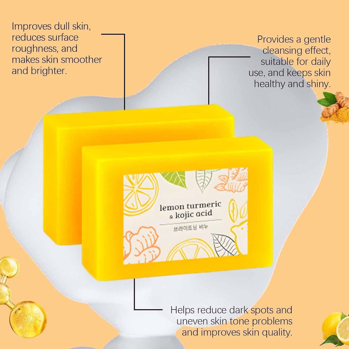 Qiuumey Scentric Glow Turmeric Soap, Lemon Turmeric Kojic Soaps, Natural Handmade Bar Moisturizing & Soothing Gentle Cleanser So